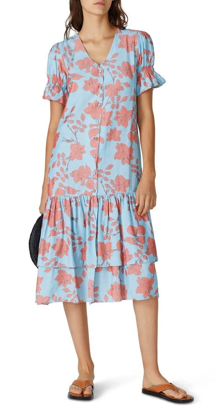 Lobo Rosa Women's Blue Botones Dress Floral Print V-Neck Ruffle Hem Size S